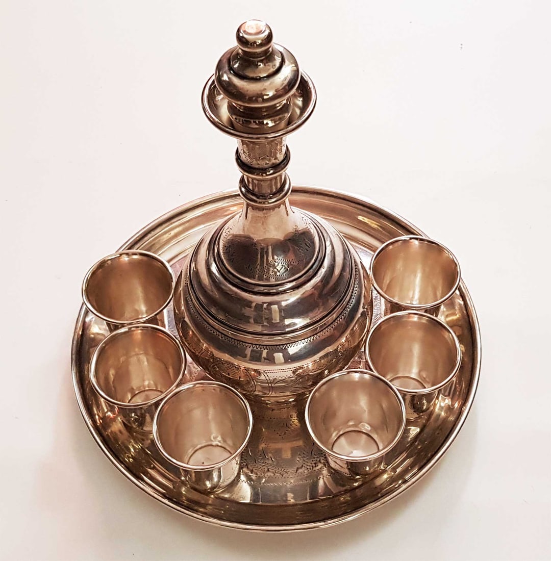 AMERICAN SILVER WINE SET w. TRAY & SIX CUPS, 19c. (1 of 18)