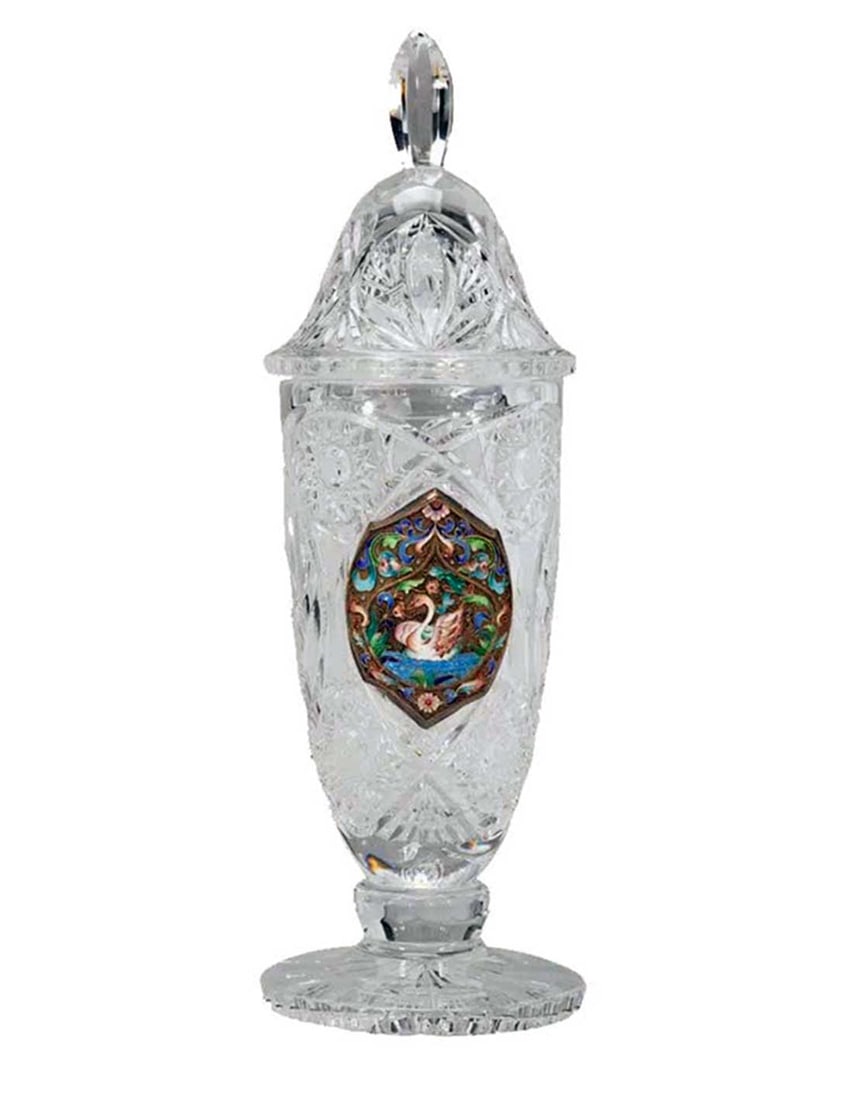 RUSSIAN CUT GLASS LIDDED VASE w. SILVER PANEL: LifeTime Warranty! Flexible Payments: Pay Over 3–6 Months! RUSSIAN CUT GLASS LIDDED VASE with cloisonne ENAMELED SILVER PANEL For your consideration, here is a fine Monumental Russian Imperial Cut G