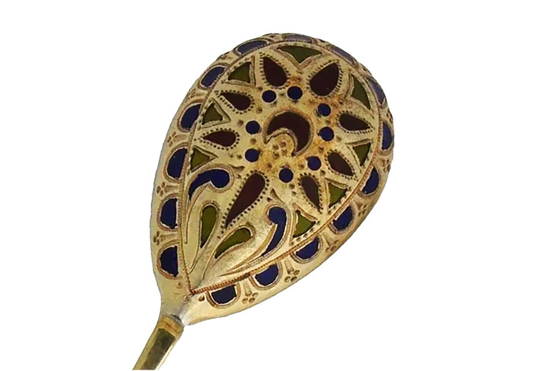 RUSSIAN SILVER PLIQUE-a-JOUR ENAMEL TEA SPOON (1 of 10)