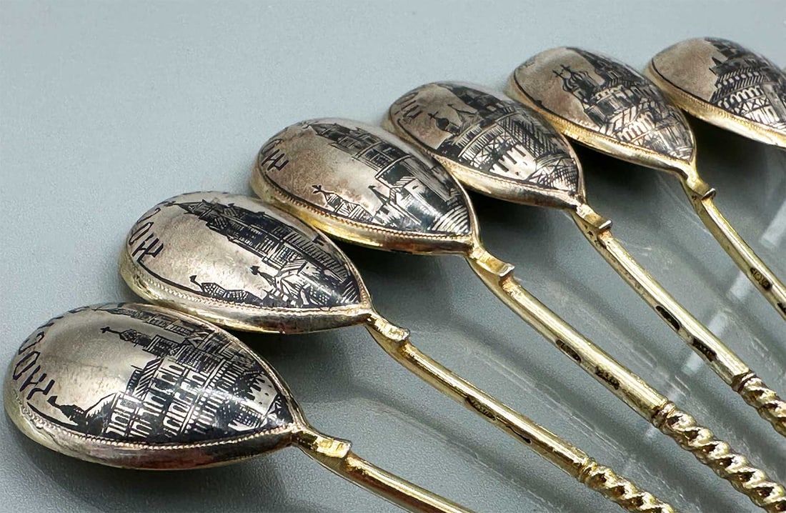 TEN RUSSIAN SILVER NIELLO SPOONs, 19th CENTURY: Flexible Payments: Pay Over 3–6 Months! TEN RUSSIAN SILVER NIELLO SPOONs, 19th CENTURY This is a rare ten Russian silver niello spoons. Please refer to the images for more details. HALLMARKS: '84'