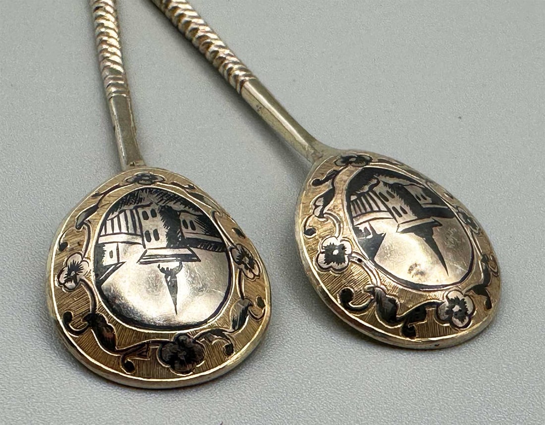 TWO RUSSIAN SILVER NIELLO SPOONs, 1880: Flexible Payments: Pay Over 3–6 Months! TWO RUSSIAN SILVER NIELLO SPOONs, 1880 This is a rare two Russian silver niello spoons. Please refer to the images for more details. HALLMARKS: '84' for