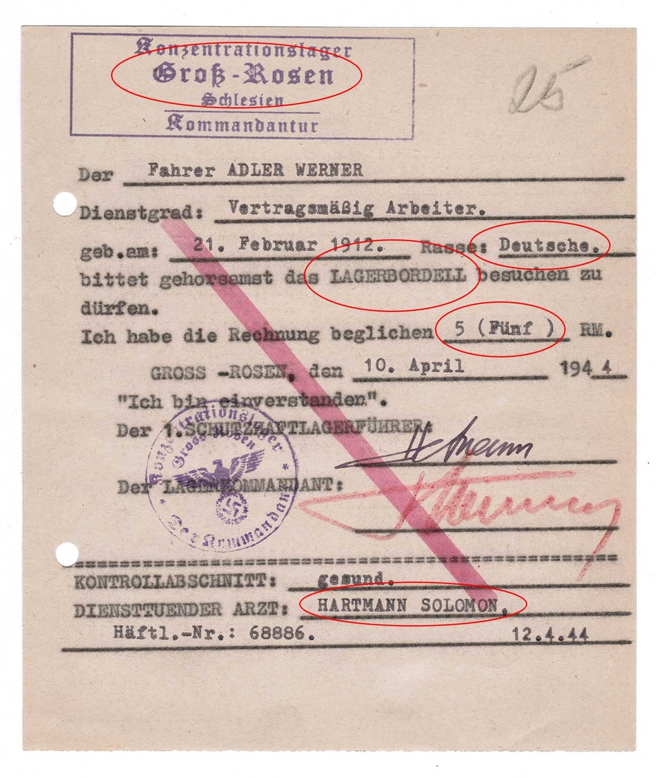 GERMAN WWII BROTHEL VISIT PERMIT for A GUARD at KL, 1944 (1 of 9)