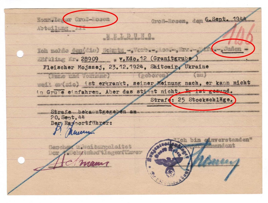 GERMAN WWII PUNISHMENT RECORD for KL PRISONER (1 of 10)