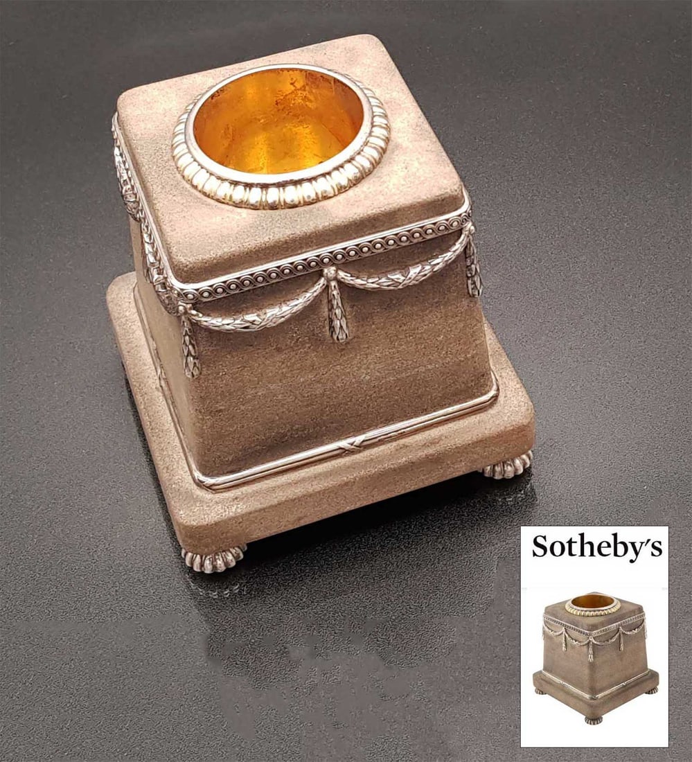 FABERGE - SILVER & SANDSTONE MATCH HOLDER fr. SOTHEBY's: LifeTime Warrantee! Price Reduced — Limited-Time Offer! FABERGE - RUSSIAN SILVER-MOUNTED and SANDSTONE MATCH HOLDER Antique Russian Faberge, Moscow, silver-mounted stone match holder. This rare