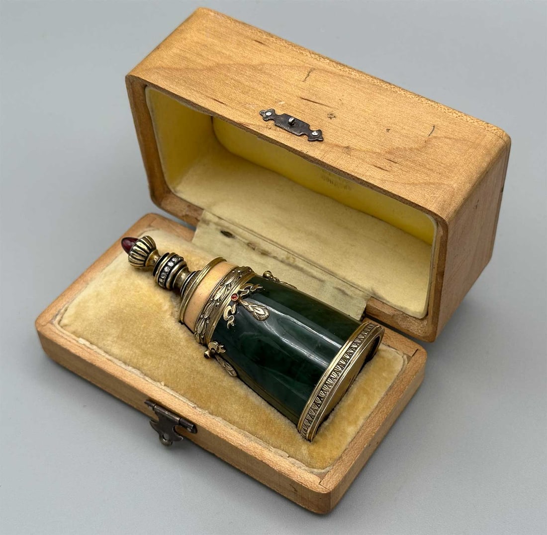 RUSSIAN PERFUME BOTTLE w. DIAMONDs & RUBY: Prestigious Gift! Price Reduced — Limited-Time Offer! RUSSIAN IMPERIAL SILVER ENAMEL PERFUME BOTTLE with DIAMONDs and RUBY This is a solid nephrite, silver, rose-cut diamond, garnet, and pink guillo