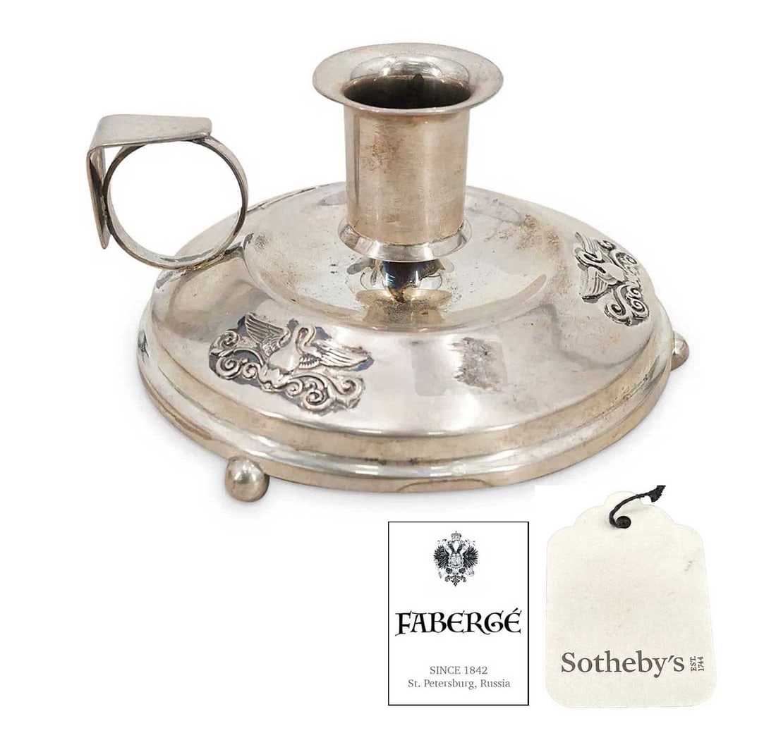FABERGE - SILVER CHAMBER CANDLE HOLDER fr. SOTHEBY's: LifeTime Warranty! Price Reduced — Limited-Time Offer! FABERGE - GILT SILVER CHAMBER CANDLE HOLDER from SOTHEBY's For your consideration is a rare FabergE gilt silver candle holder of round form. Th