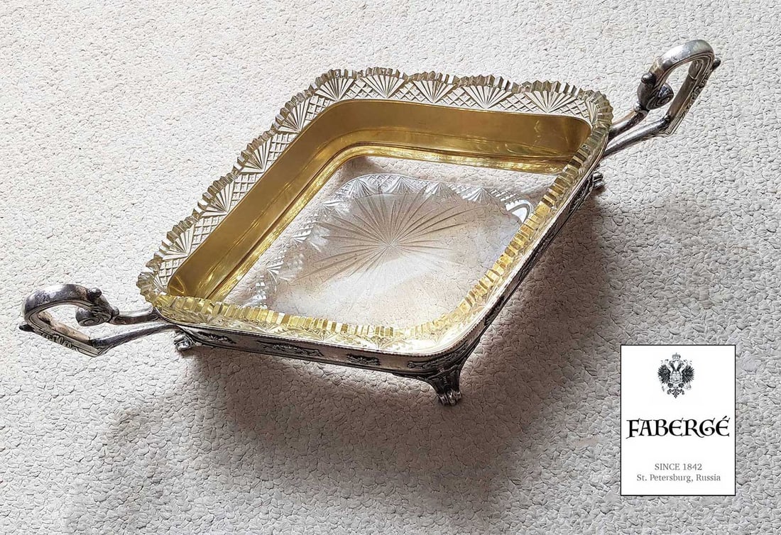 FABERGE - MAGNIFICENT SILVER & CUT GLASS CENTERPIECE: LifeTime Warranty! Price Reduced — Limited-Time Offer! FABERGE - MAGNIFICENT LARGE SILVER and CUT GLASS CENTERPIECE Russian FABERGE Silver with gilt lining and a Cut Glass centerpiece featuring 2 ne