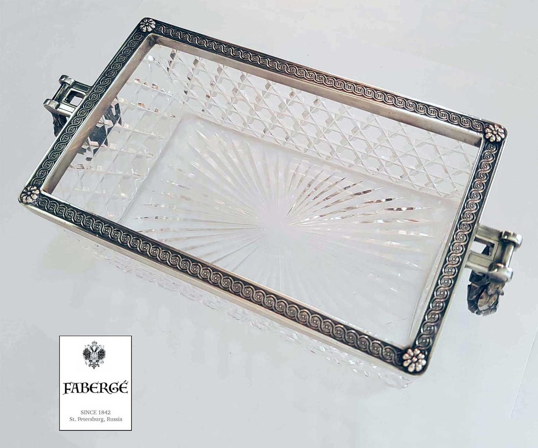 FABERGE - LARGE SILVER & CUT GLASS CENTERPIECE: LifeTime Warranty! Price Reduced — Limited-Time Offer! FABERGE - MAGNIFICENT SILVER and CUT GLASS CENTERPIECE For your consideration is a Russian cut glass rectangular bowl with a silver edge featur