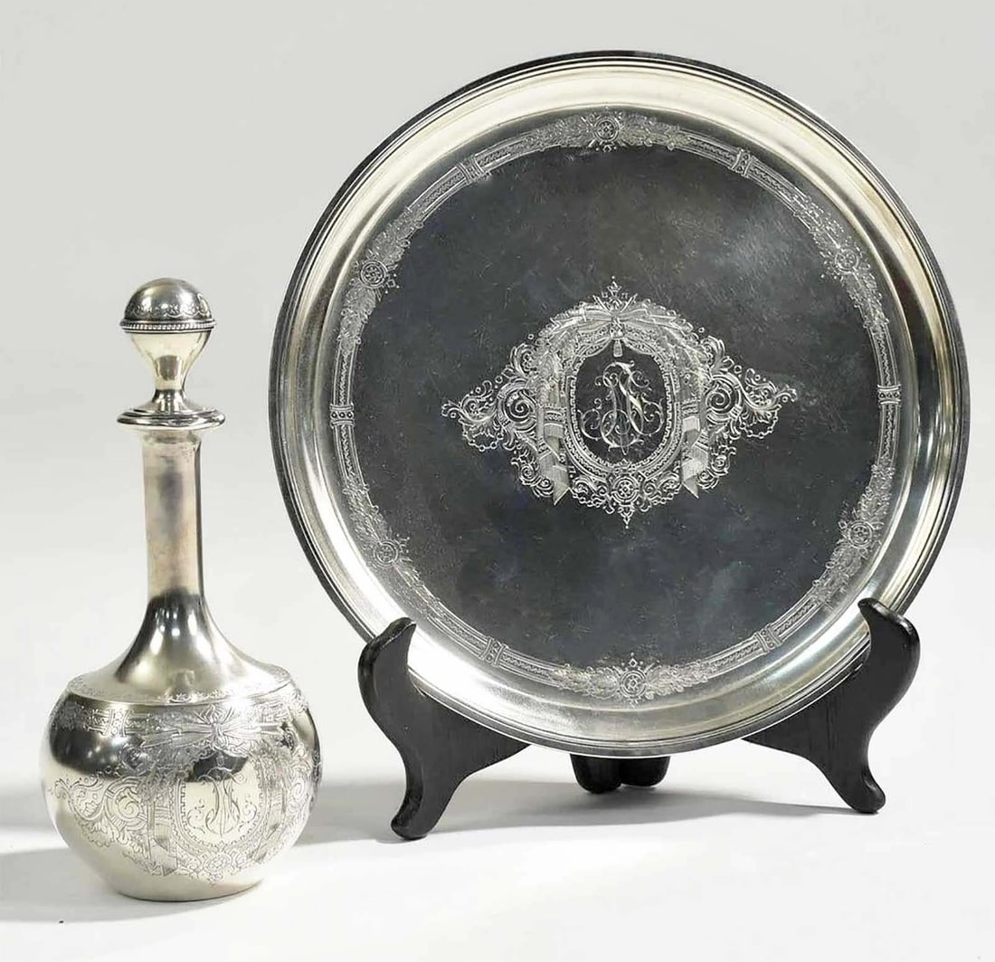 RUSSIAN SILVER DECANTER w. TRAY, 1898: LifeTime Warranty! Price Reduced — Limited-Time Offer! EXTREMELY RARE SILVER DECANTER with TRAY, 1898 This is a Russian silver decanter with a matching tray, both featuring elaborate engraved cartou