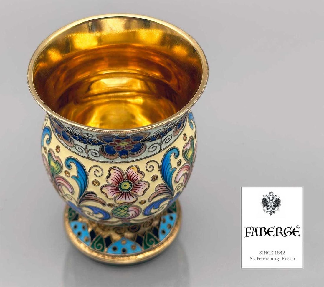 FABERGE - CLOISONNE ENAMELED SILVER BEAKER: LifeTime Warranty! Price Reduced — Limited-Time Offer! FABERGE - CLOISONNE ENAMELED GILT SILVER BEAKER, Feodor RUCKERT For your viewing is a Russian cloisonne enameled gilt silver beaker made by Feo