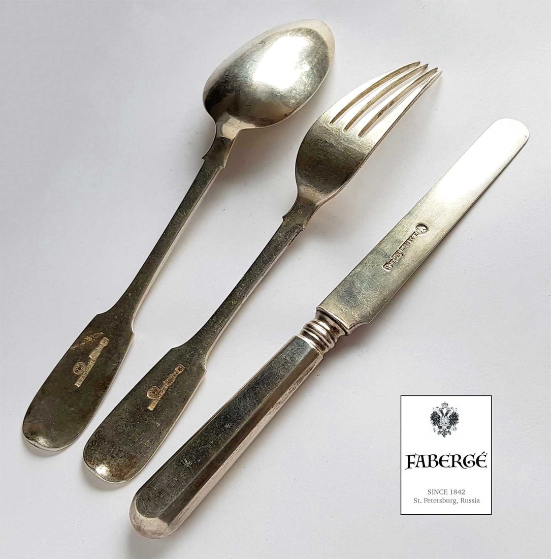 FABERGE - RUSSIAN SILVER FLATWARE SET, 1896: LifeTime Warranty! Price Reduced — Limited-Time Offer! FABERGE - RUSSIAN SILVER FLATWARE SET, 1896 This lovely set includes a silver table spoon, fork, and knife, each adorned with a script monogram