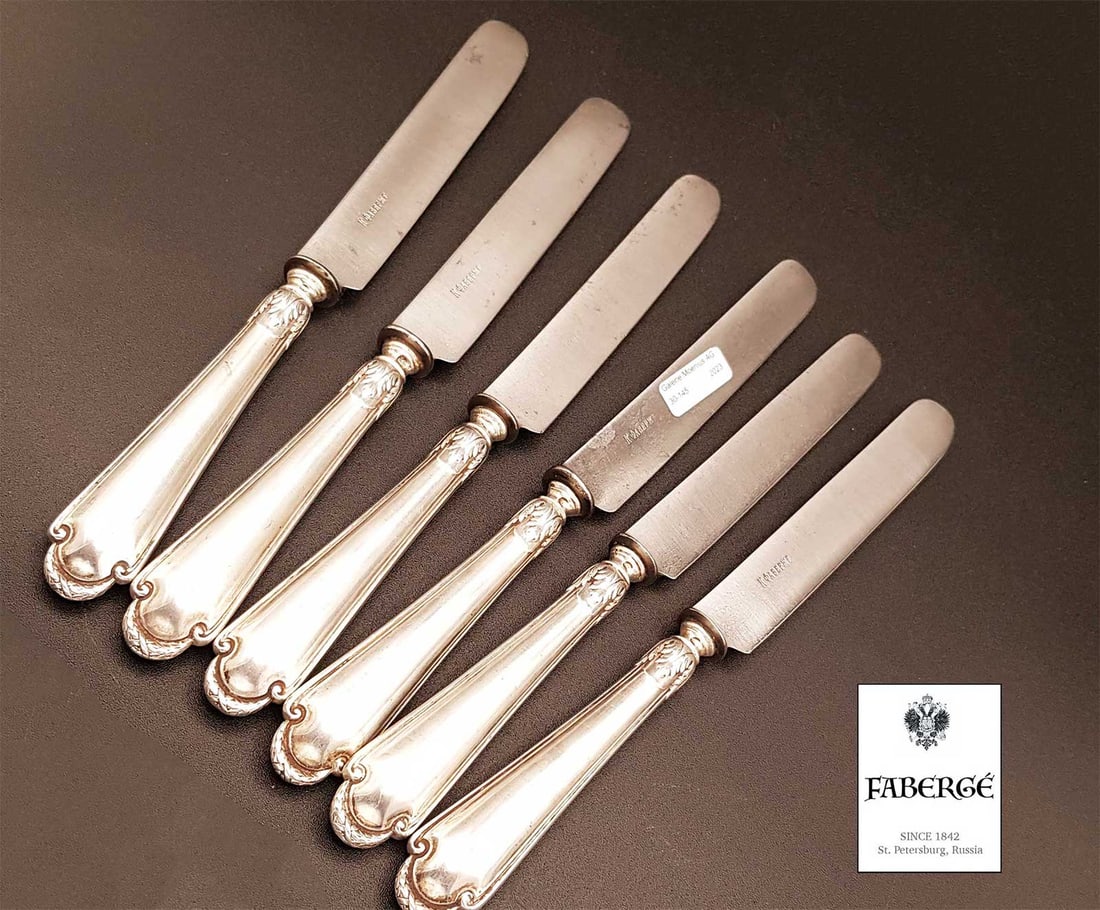 FABERGE - RUSSIAN IMPERIAL SIX SILVER KNIVEs: LifeTime Warranty! Price Reduced — Limited-Time Offer! FABERGE - RUSSIAN IMPERIAL SIX SILVER KNIVEs For your viewing pleasure, here are six extremely rare silver knives made by Karl Faberge 128