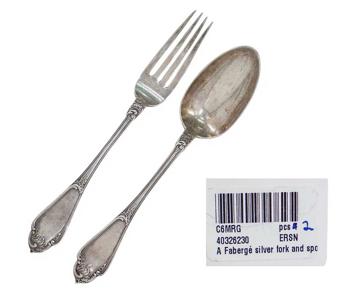 FABERGE - RUSSIAN SILVER FORK & SPOON fr. SOTHEBY's: LifeTime Warranty! Price Reduced — Limited-Time Offer! FABERGE - RUSSIAN SILVER FORK and SPOON from SOTHEBY's For your consideration is a pair of FabergE Russian silver utensils, consisting of a for