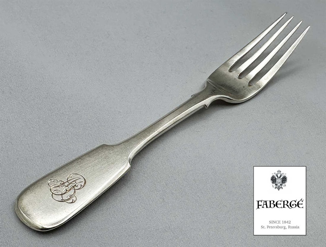 FABERGE - RUSSIAN SILVER TABLE FORK, 1894: LifeTime Warranty! Price Reduced — Limited-Time Offer! FABERGE - RUSSIAN IMPERIAL SILVER TABLE FORK, 1894 For your viewing: a lovely silver luncheon fork featuring a script monogram ‘AV’ in Cyri