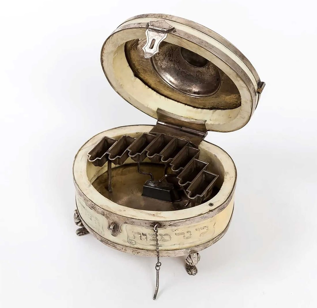 JEWISH SILVER HANUKKAH MENORAH w. HEBREW: LifeTime Warranty! Price Reduced — Limited-Time Offer! EXTREMELY RARE JEWISH SILVER HANUKKAH MENORAH with HEBREW For your viewing pleasure is a rare and magnificent white marble box adorned with int