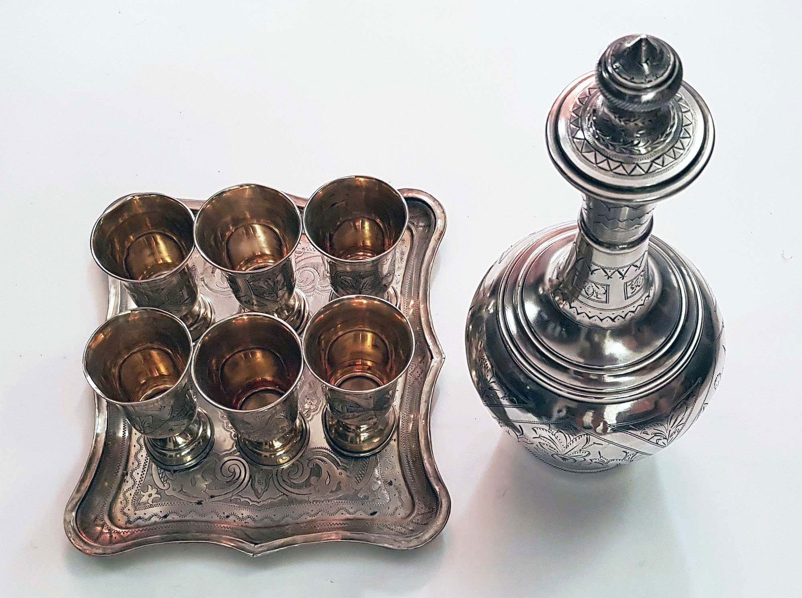 RUSSIAN SILVER WINE SET w. TRAY & SIX CUPS, 1858 (1 of 19)