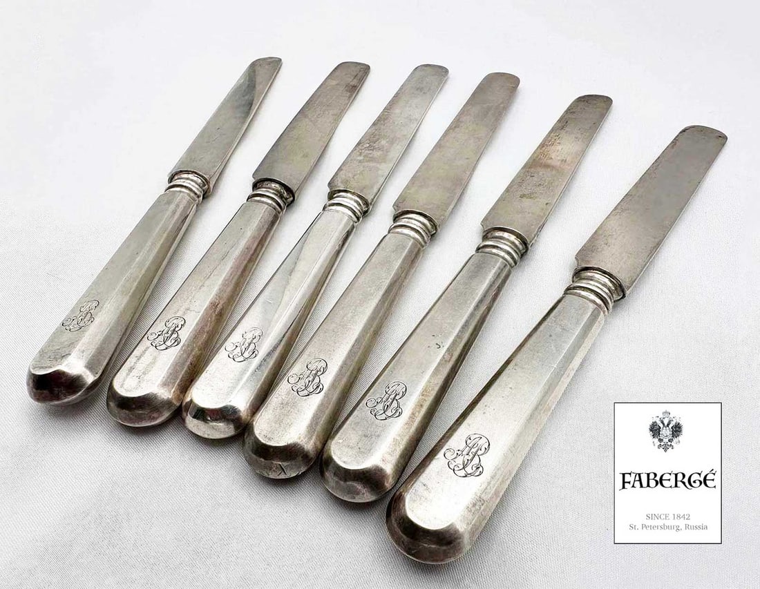 FABERGE - RUSSIAN IMPERIAL SIX SILVER KNIVEs: LifeTime Warranty! Price Reduced — Limited-Time Offer! FABERGE - RUSSIAN IMPERIAL SIX SILVER KNIVEs For your viewing pleasure, here are six rare silver knives made by Karl Fabergé 129 years ago, in