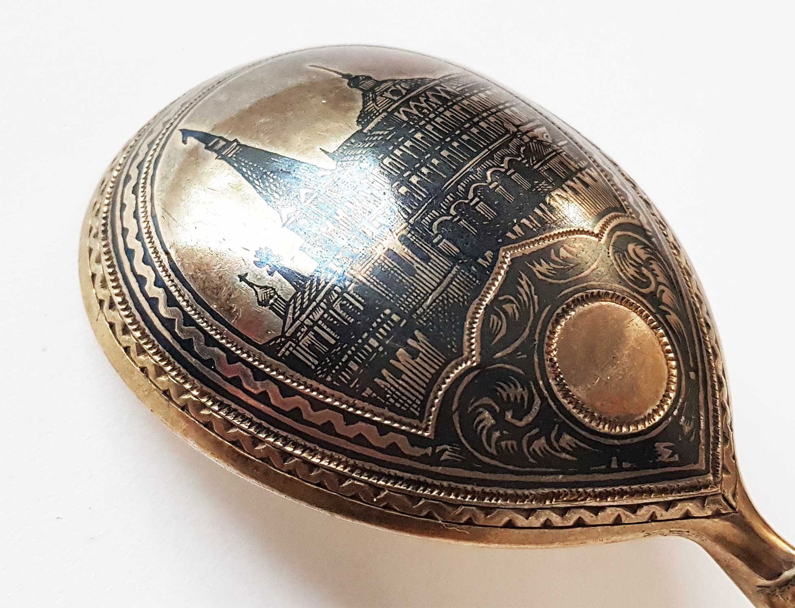 LARGE ANTIQUE RUSSIAN SILVER NIELLO SPOON: LifeTime Warranty! Price Reduced — Limited-Time Offer! RARE LARGE ANTIQUE RUSSIAN SILVER NIELLO SPOON, MARKED A gilt-silver spoon with niello depicting the Moscow Kremlin. This Rare and Highly Colle