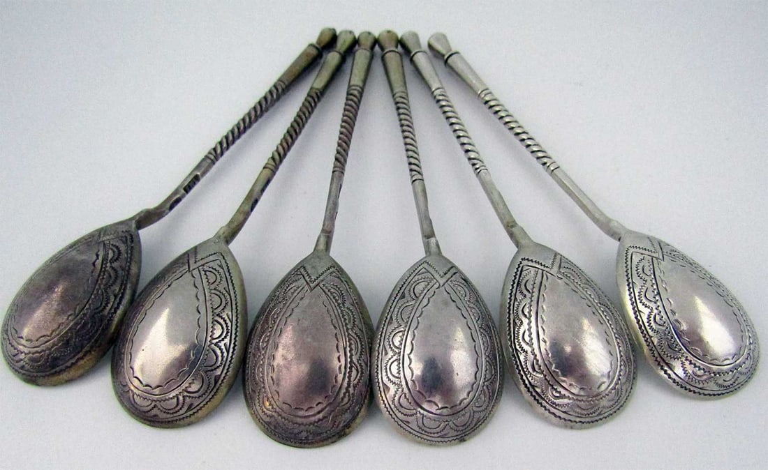 RUSSIAN IMPERIAL SIX SILVER SPOONS, MARKED (1 of 12)