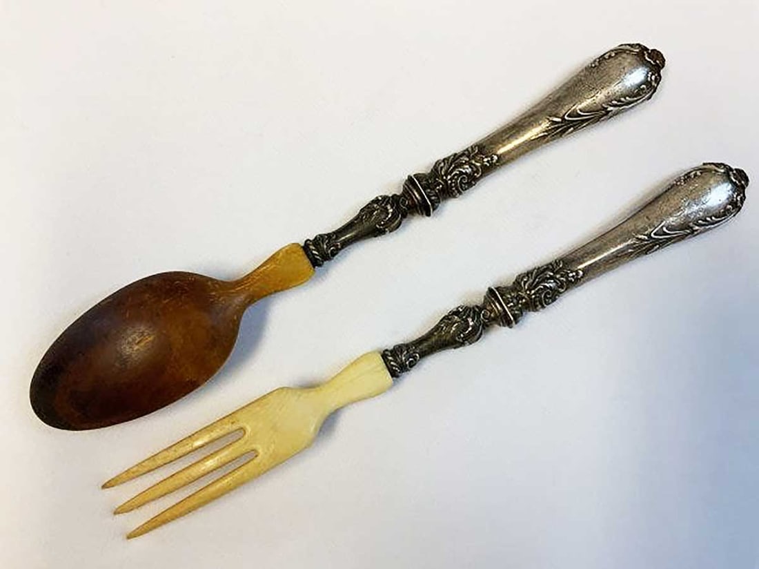 RUSSIAN SILVER & BONE FORK & SPOON SET - 2