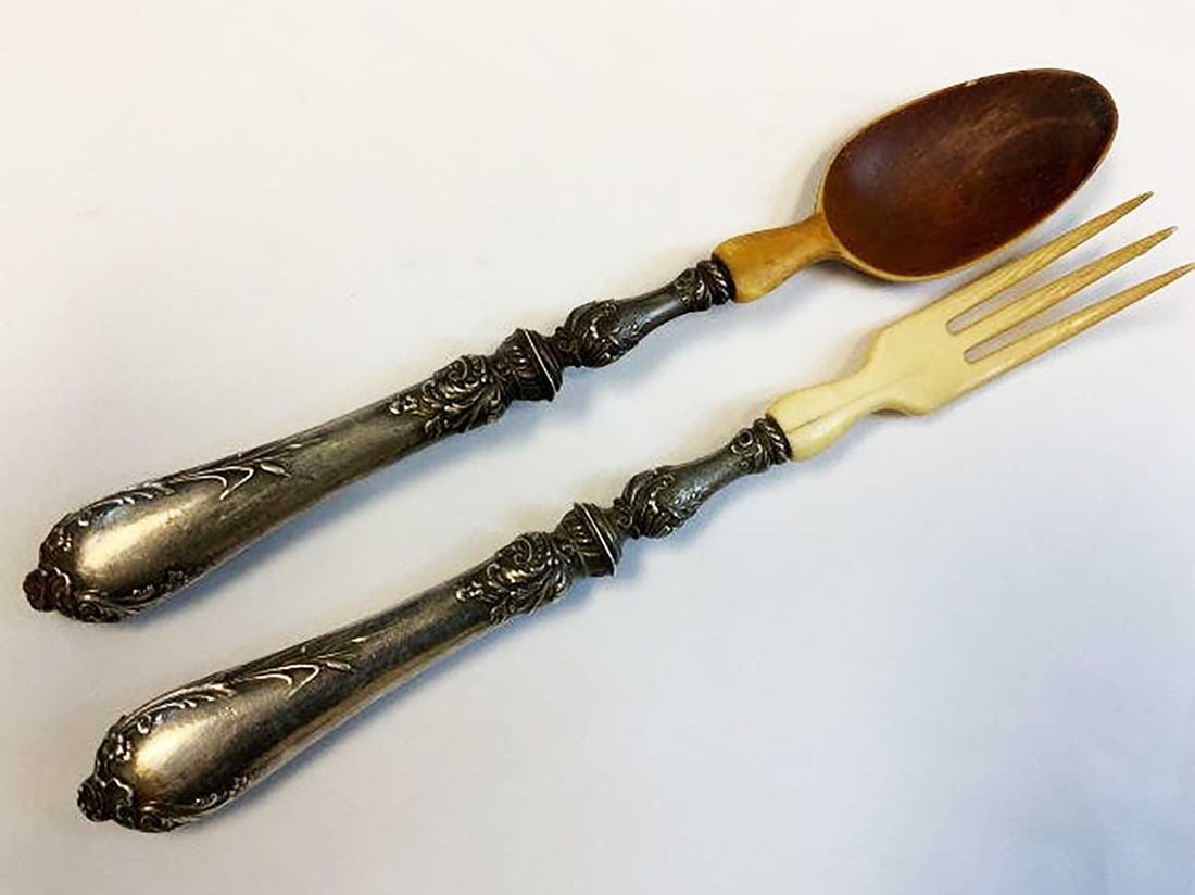 RUSSIAN SILVER & BONE FORK & SPOON SET - 3