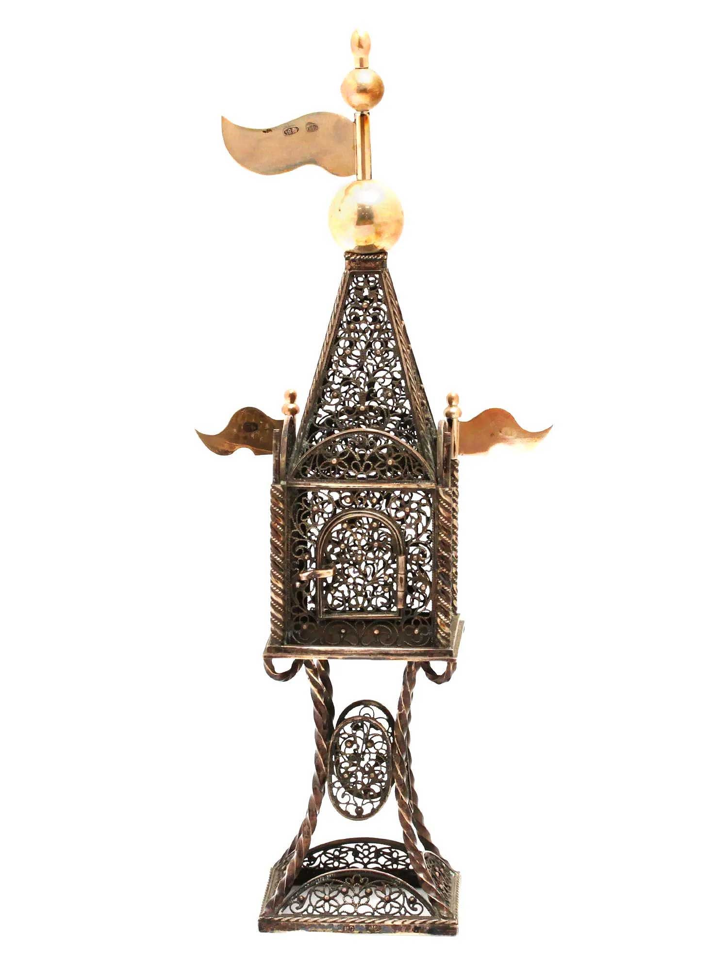 LARGE SILVER JUDAICA SPICE BOX BESAMIM TOWER: Prestigious Gift! Price Reduced — Limited-Time Offer! RARE LARGE SILVER JUDAICA SPICE BOX BESAMIM TOWER, FILIGREE This is a Russian silver Judaica Spice Box, known as a Besamim Tower, designed in th