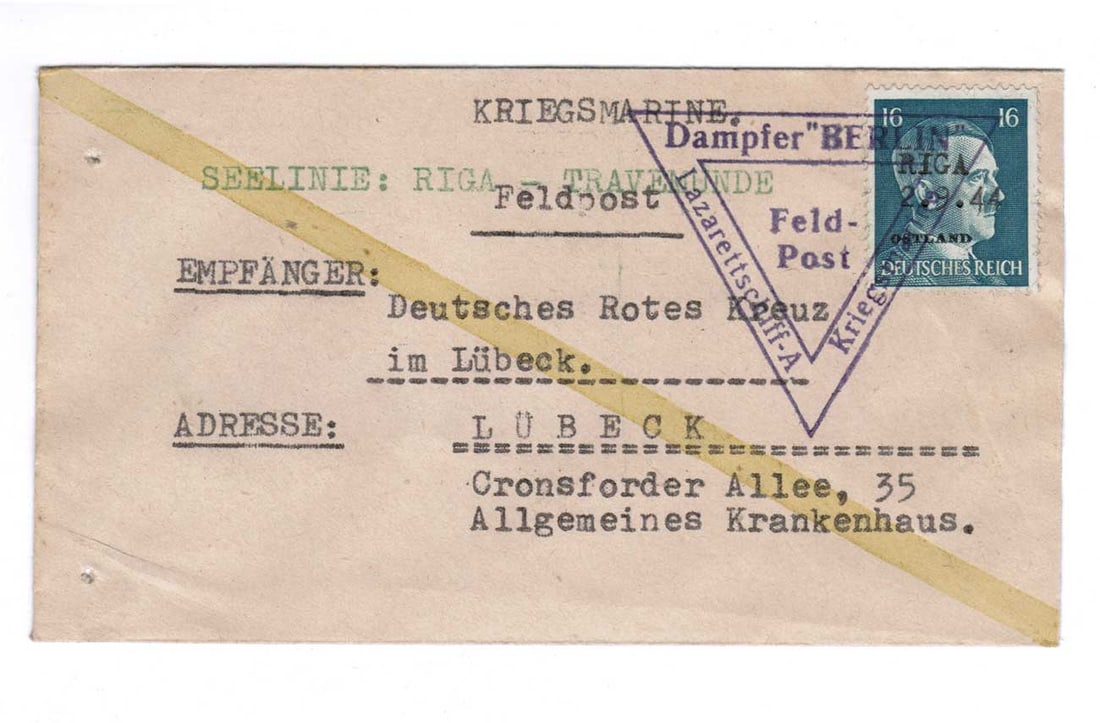 KRIEGSMARINE FELDPOST LAZARETTSCHIFT "BERLIN": Display Item! Price Reduced — Limited-Time Offer! KRIEGSMARINE FELDPOST LAZARETTSCHIFT 'BERLIN' - from ARCHIVE Sea route: Riga–Travemünde. This hospital ship served exclusively German military pe