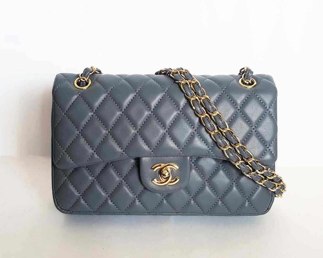 CHANEL GREY LEATHER MEDIUM BAG: CHANEL MEDIUM CLASSIC FLAP BAG GREY LEATHER with GOLD-TONE HARDWARE Timeless Grey Calfskin CHANEL Medium Double Flap Bag with Gold-tone Hardware. This beautiful bag is Chanel at its best perfect for
