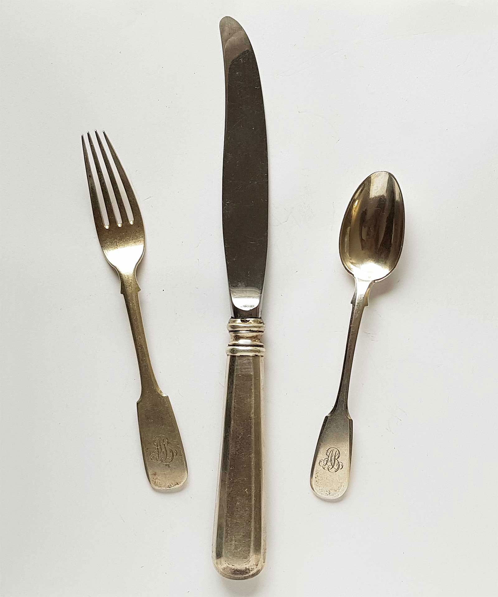 FABERGE - RUSSIAN SILVER FLATWARE SET, 1896: LifeTime Warranty! Price Reduced — Limited-Time Offer! FABERGE - RUSSIAN SILVER FLATWARE SET, 1896 This lovely set includes a silver table spoon, fork, and knife, each adorned with a script