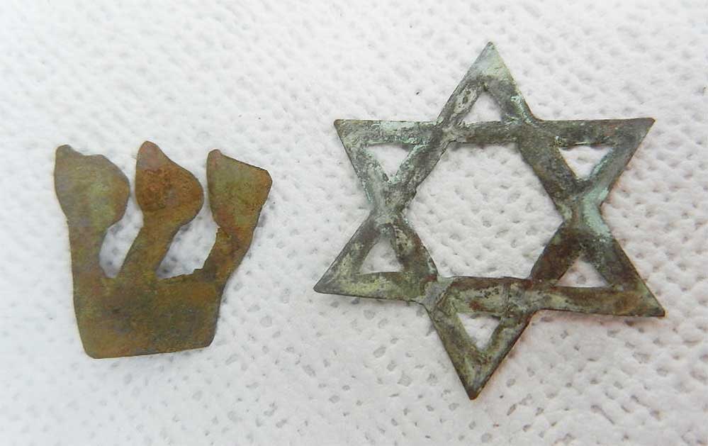 STAR of DAVID & SHIN fr. MEZUZAH, LITZMANNSTADT: Huge Historical Value! Price Reduced — Limited-Time Offer! OLD STAR of DAVID and SHIN from MEZUZAH, LITZMANNSTADT in POLAND An old mezuzah featuring the Star of David and Shin, originating from