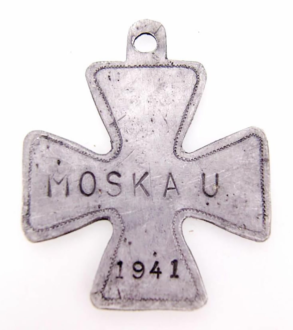 GERMAN WWII IRON CROSS w. MOSKAU, 1941: Display Piece! Price Reduced — Limited-Time Offer! GERMAN WWII IRON CROSS with ISCRIPTION "MOSKAU, 1941" German WWII Iron Cross with the inscription "Moskau," 1941. This trench art item was discover