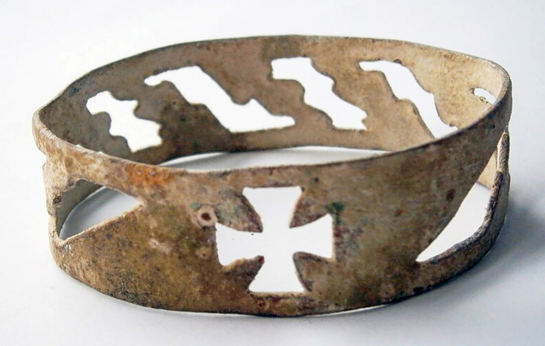 GERMAN WWII BRACELET w. IRON CROSS: Display Piece! Price Reduced — Limited-Time Offer! GERMAN WWII BRACELET with IRON CROSS - TRENCH ART German WWII bracelet with an Iron Cross. This is a rare piece with intricate craftsmanship, consi