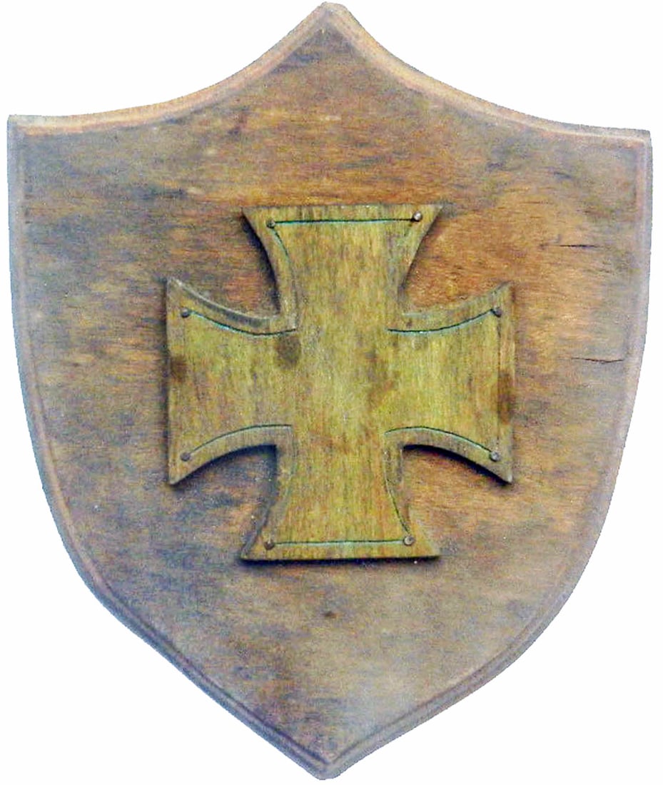 GERMAN WWII SHIELD w. IRON CROSS, WOOD CARVING: Great Display Piece! Price Reduced — Limited-Time Offer! GERMAN WWII SHIELD with IRON CROSS - TRENCH ART German WWII shield with an Iron Cross, skillfully crafted from wood. This is a very collectib