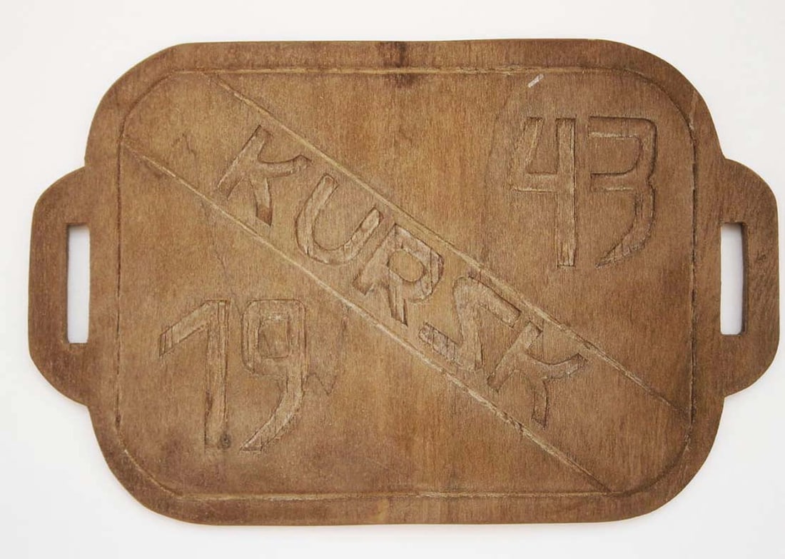 GERMAN WWII TRAY KURSK, SALVER, 1943: Great Display Piece! Price Reduced — Limited-Time Offer! GERMAN WWII TRAY KURSK, SALVER 1943 - TRENCH ART German WWII Tray - Kursk, Salver 1943. This trench art piece is made of wood carving and is