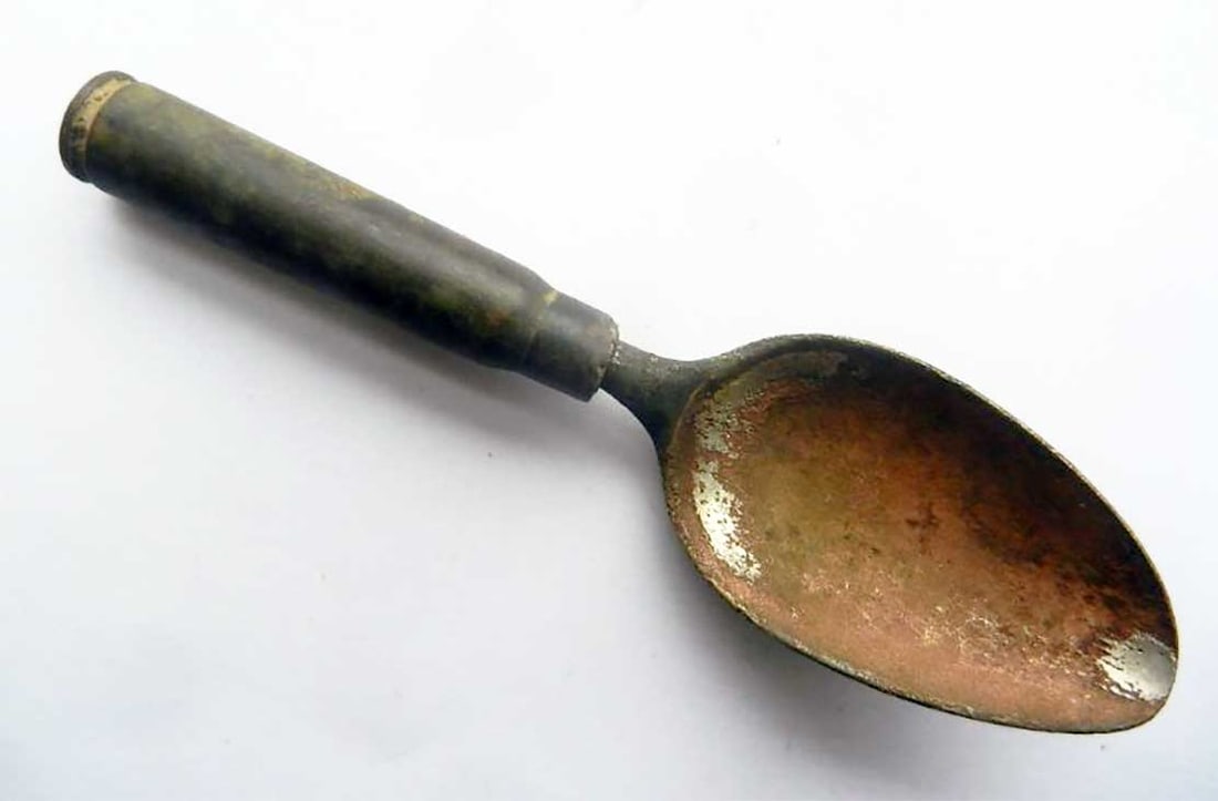 GERMAN WWII SPOON fr. SHELL CARTRIDGE, TRENCH ART: Display Piece! Price Reduced — Limited-Time Offer! RARE GERMAN WWII SPOON from SHELL CARTRIDGE, TRENCH ART German WWII Spoon made from a shell cartridge, featuring trench art. This is a very unusual