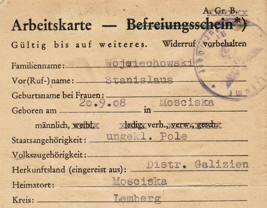 GERMAN WWII ARBEITSKARTE for POLISH WORKER, 1944: Great Display Piece! Price Reduced — Limited-Time Offer! RARE GERMAN WWII ARBEITSKARTE for POLISH WORKER, 1944 German WWII Arbeitskarte for a Polish worker, dated 1944. We are selling an old