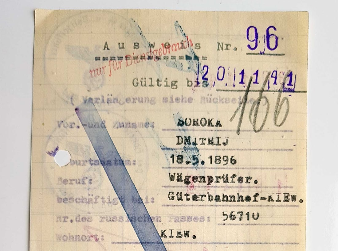 GERMAN WWII PERMISSION for UKRAINIAN OST WORKER: Great Display Piece! Price Reduced — Limited-Time Offer! GERMAN WWII PERMISSION for UKRAINIAN OST WORKER, 1941 German WWII permission document for a Ukrainian OST worker, dated 1941. The document be