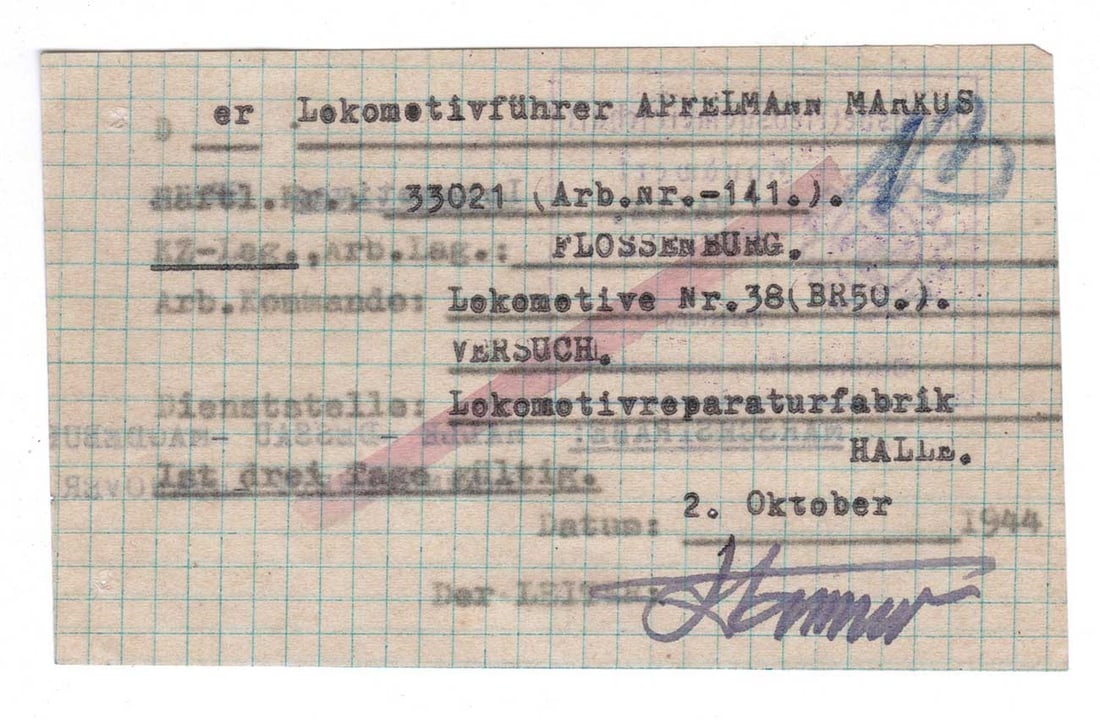 JEWISH WWII ORDER to WORK fr. CONCENTRATION CAMP, 1944 (1 of 10)