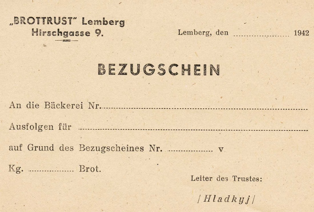 JEWISH WWII DOCUMENT fr. LEMBERG, UKRAINE, 1942: Great Display Piece! Price Reduced — Limited-Time Offer! JEWISH WWII FORM of DOCUMENT from LEMBERG, UKRAINE, 1942 This document is a Jewish World War II form from Lemberg, 1942, and it was used in L