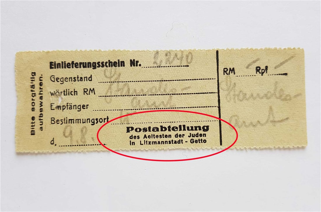 GERMAN WWII LITZMANNSTADT GHETTO PARCEL RECEIPT: Great Display Piece! Price Reduced — Limited-Time Offer! GERMAN WWII LITZMANNSTADT GHETTO RECEIPT PARCEL, POLAND This is a German World War II receipt from the Litzmannstadt Ghetto in Poland for a p
