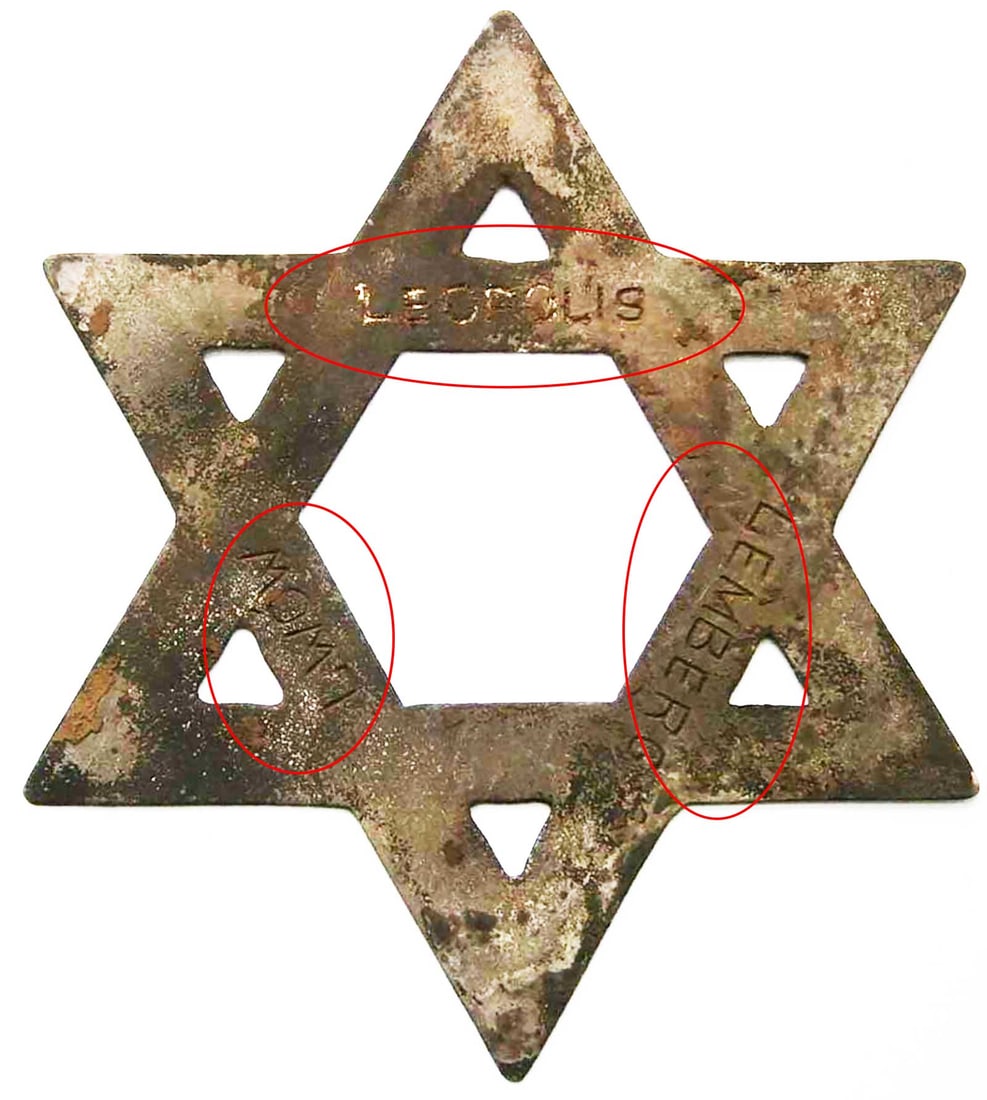 JEWISH WWII STAR of DAVID fr.GHETTO in LEMBERG: Display Item! Price Reduced — Limited-Time Offer! EXTREMELY RARE JEWISH WWII STAR of DAVID from GHETTO in LEMBERG, POLAND-UKRAINE with INSCRIPTION For your consideration is a rare Star of David