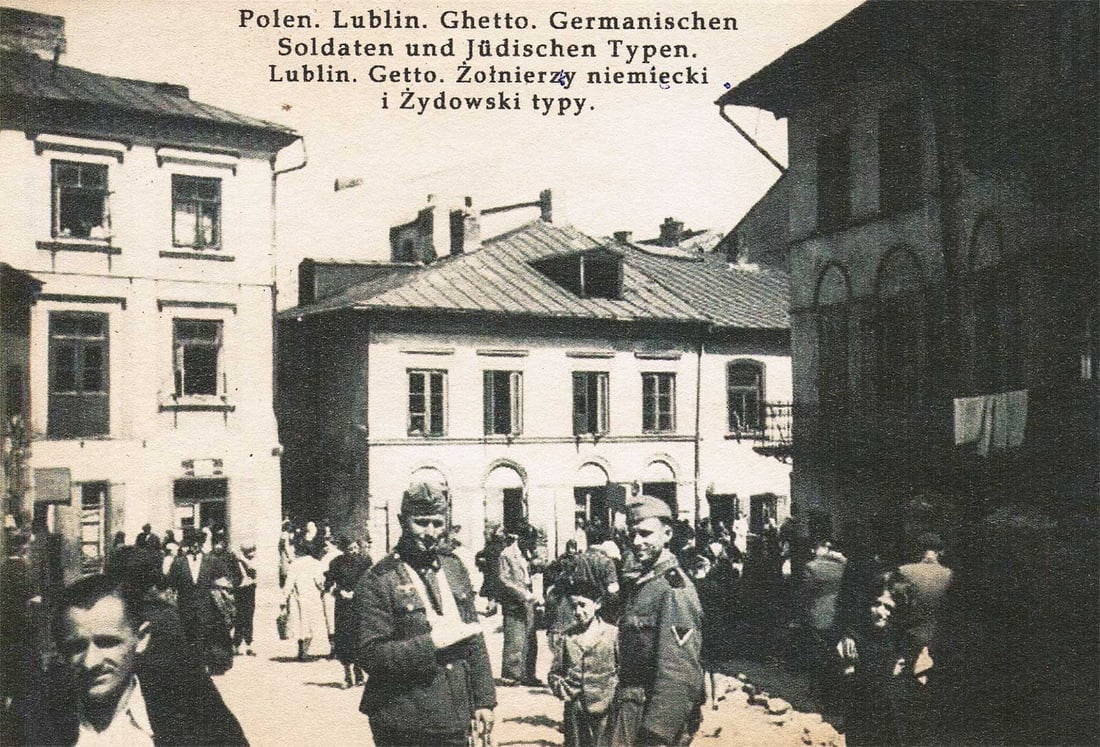 GERMAN WWII POSTCARD, JEWISH GHETTO: Great Display Piece! Price Reduced — Limited-Time Offer! GERMAN WWII POSTCARD, JEWISH GHETTO in LUBLIN Jewish WWII postcard. Old copy. PROVENANCE: 1. Passed down through a Jewish emigree family in t