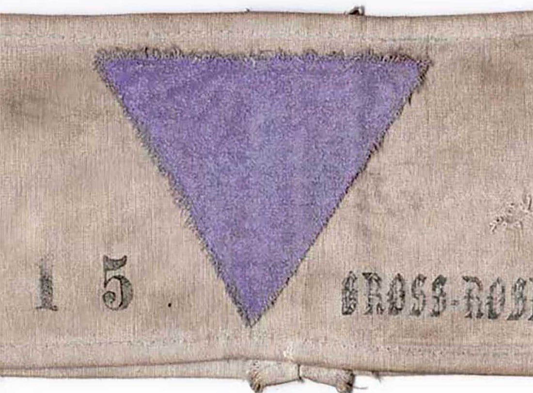 GERMAN WWII ARMBAND for JEHOVAH'S WITNESSES: Display Item! Price Reduced — Limited-Time Offer! GERMAN WWII ARMBAND with PURPLE TRIANGLE for JEHOVAH'S WITNESSES from GROSS-ROSEN CONCENTRATION CAMP This rare WWII-era concentration camp armband f