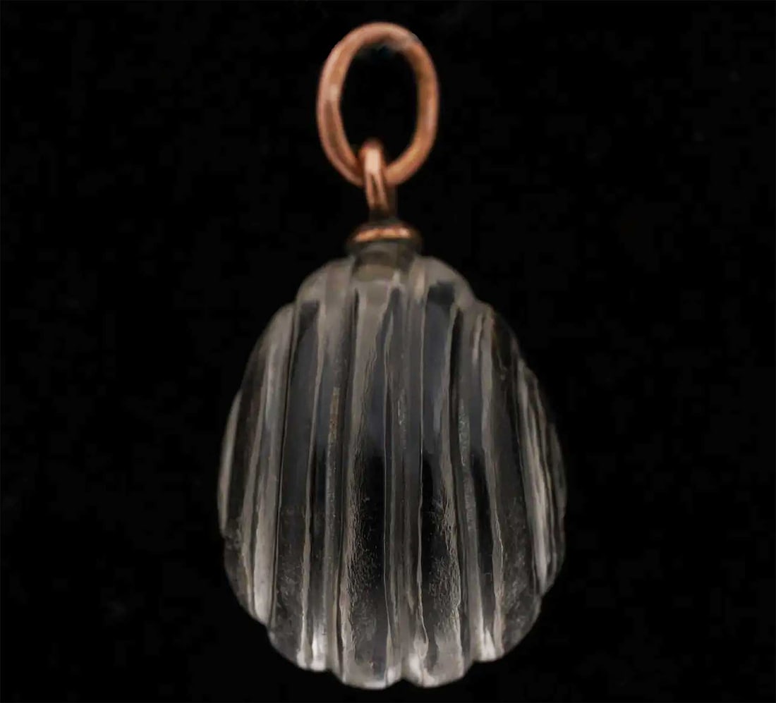RUSSIAN GOLD EGG GEMSTONE CARVED PENDANT: Prestigious Gift! Price Reduced — Limited-Time Offer! RUSSIAN GOLD EGG GEMSTONE CARVED PENDANT Antique Russian egg-shaped gemstone carved fluted transparent pendant with a gold loop. HALLMARKS: