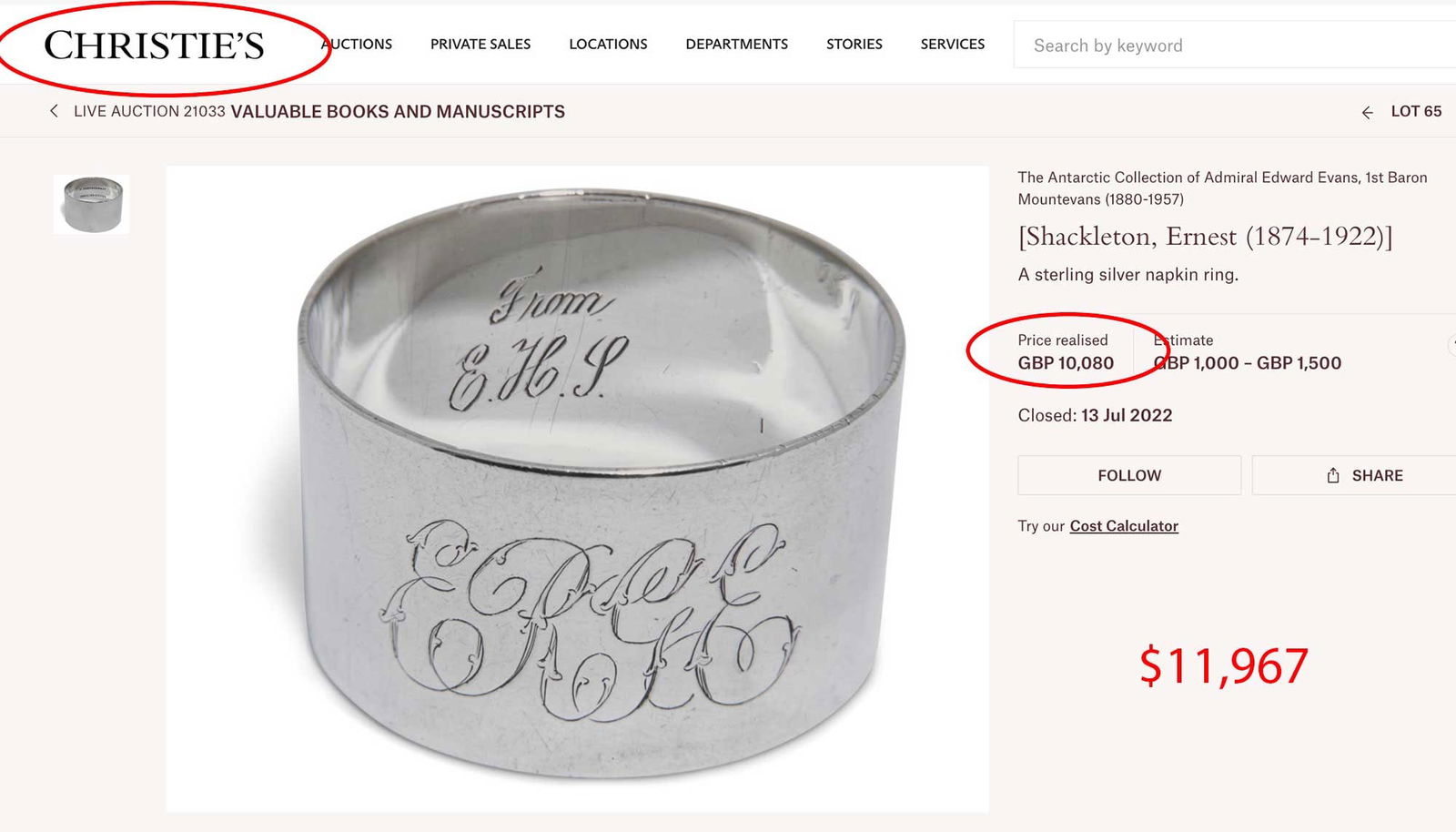 RUSSIAN SILVER NAPKIN RING, MARKED - 11