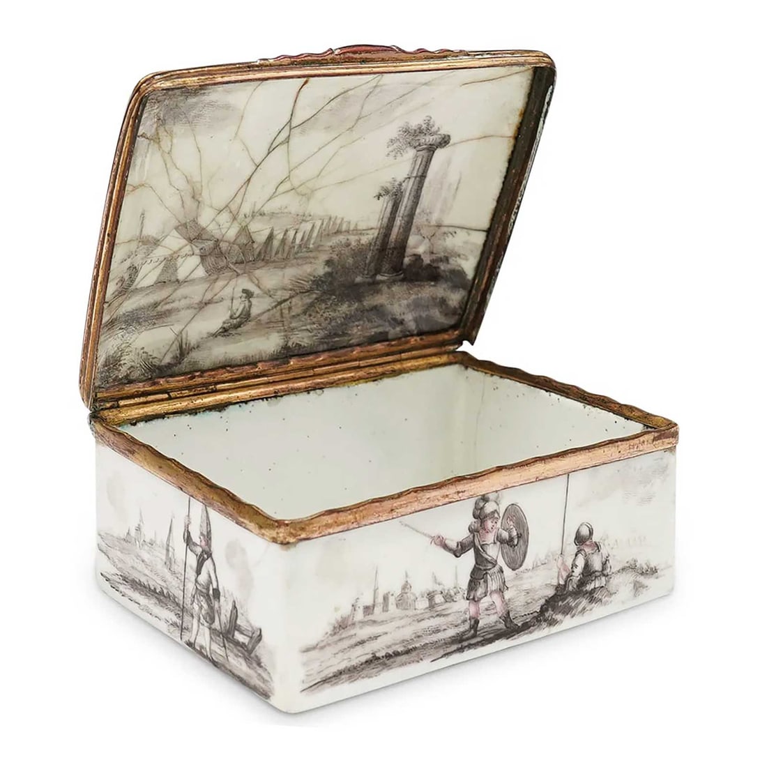 GERMAN PORCELAINE SNUFF BOX fr. SOTHEBY's, c.1750: LifeTime Warranty! Price Reduced — Limited-Time Offer! GERMAN PORCELAINE SNUFF BOX from SOTHEBY's, c.1750 For your viewing pleasure, we present a German gilt metal-mounted porcelain box of rectangul
