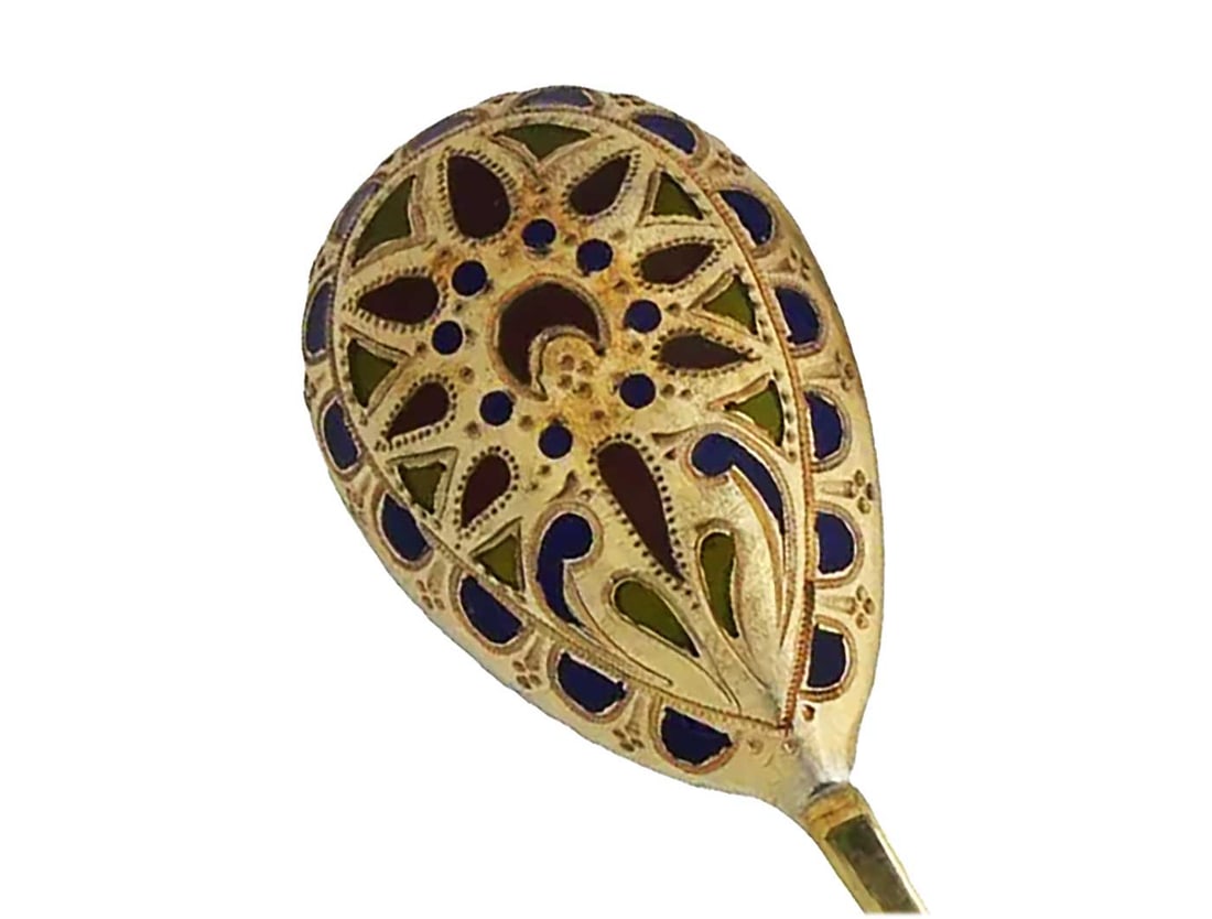 RUSSIAN SILVER PLIQUE-a-JOUR ENAMEL TEA SPOON (1 of 10)