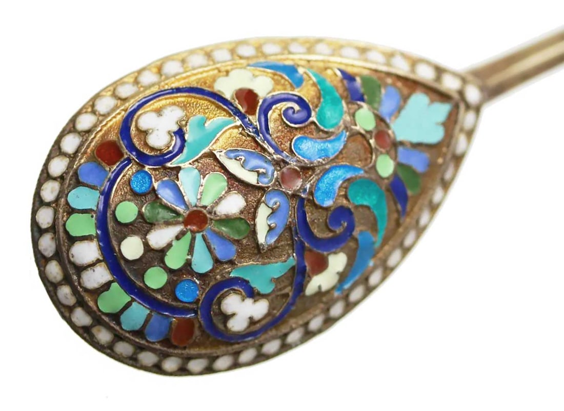 ANTIQUE RUSSIAN SILVER GILT & ENAMEL SPOON: Prestigious Gift! Price Reduced — Limited-Time Offer! ANTIQUE RUSSIAN SILVER GILT and ENAMEL SPOON This is a Russian gilt silver serving tea spoon enameled with gorgeous blue, white, red, and green
