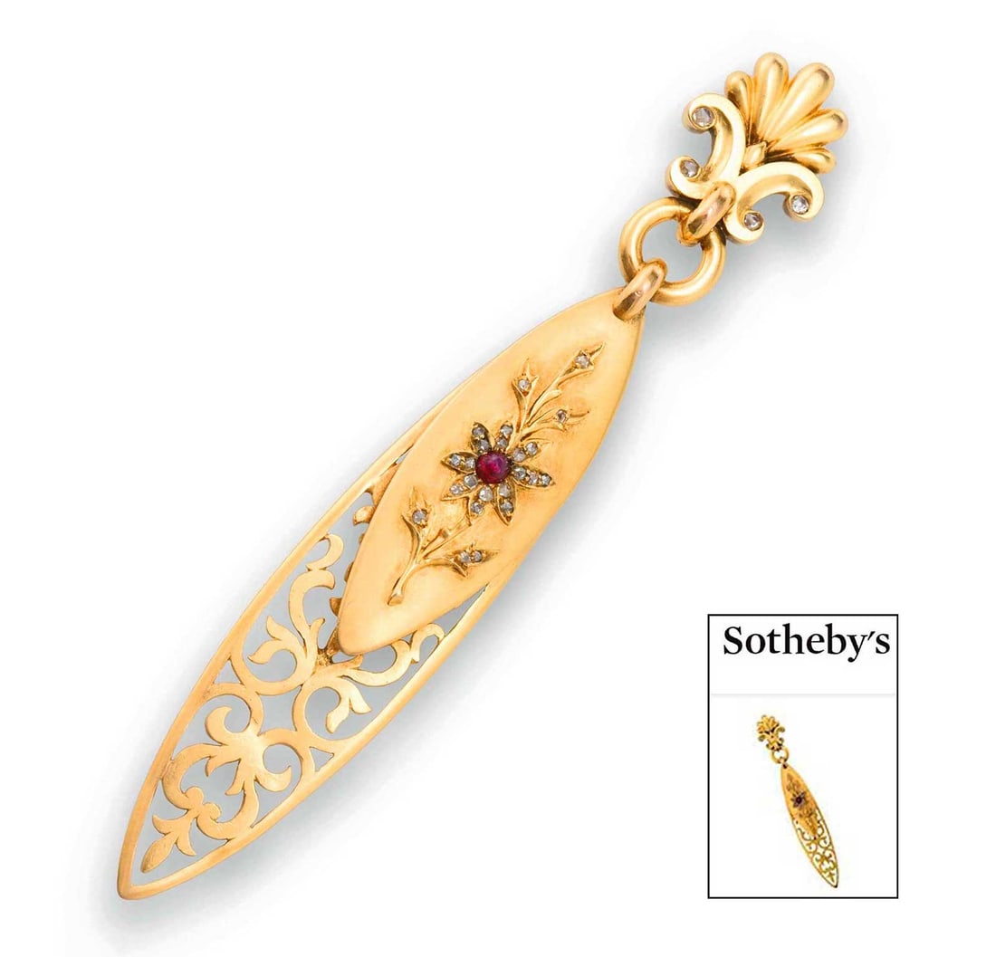 FABERGE - GOLD LETTER OPENER w. DIAMONDs fr. SOTHEBY's: Price Reduced — Limited-Time Offer! Pay in Installments—up to SIX months! FABERGE - RUSSIAN GOLD LETTER OPENER, BOOKMARK with DIAMONDs and RUBY STONES from SOTHEBY's Antique late 19th-century Russ