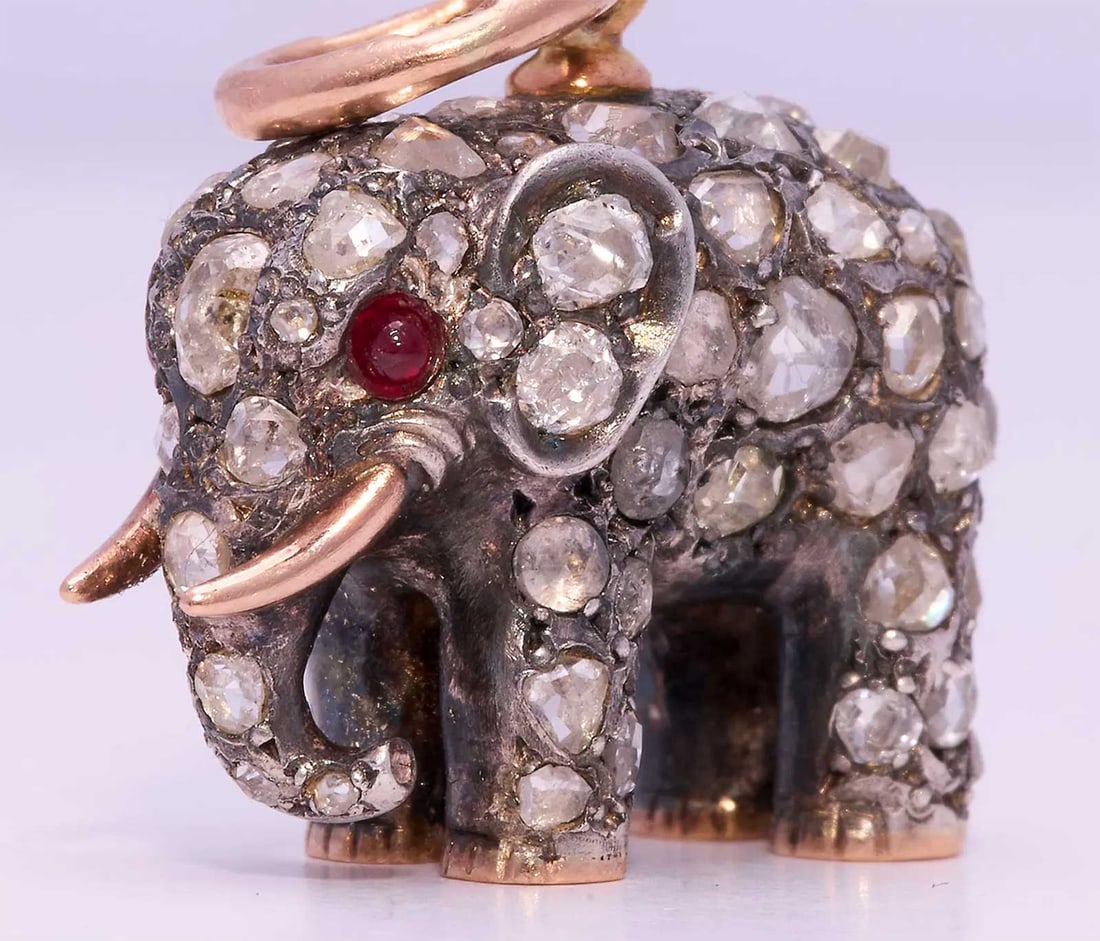 FABERGE - GOLD DIAMOND & RUBY ELEPHANT PENDANT RARE ANTIQUE RUSSIAN JEWELRY (1 of 10)